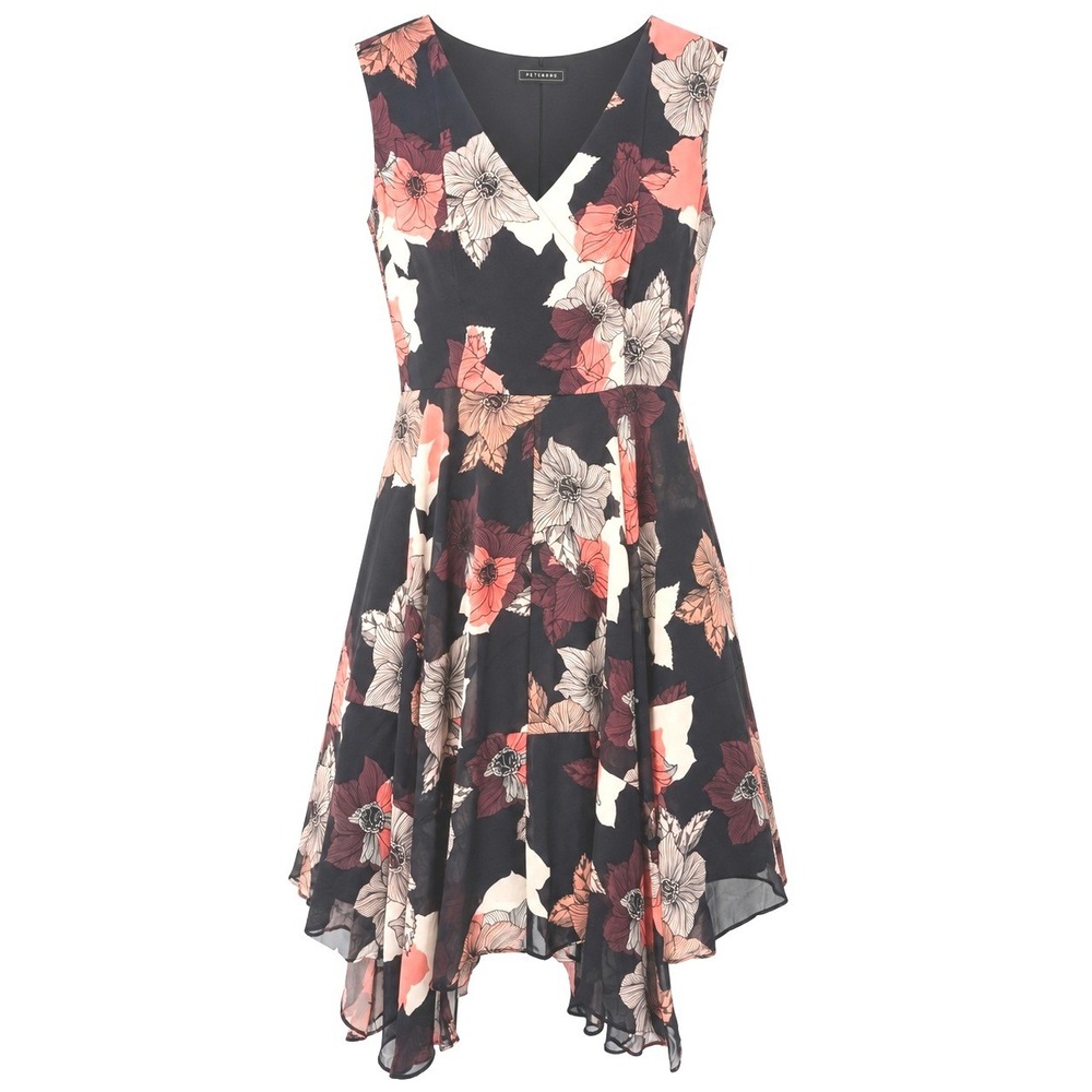 Metaphor Floral Handkerchief Hem Dress Sleeveless V-Neck Navy Coral‎ Cream 10
